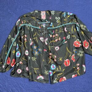 Johnny Was Embroidered Floral Silk Blend Blouse Top Black‎ Blue Red Size S